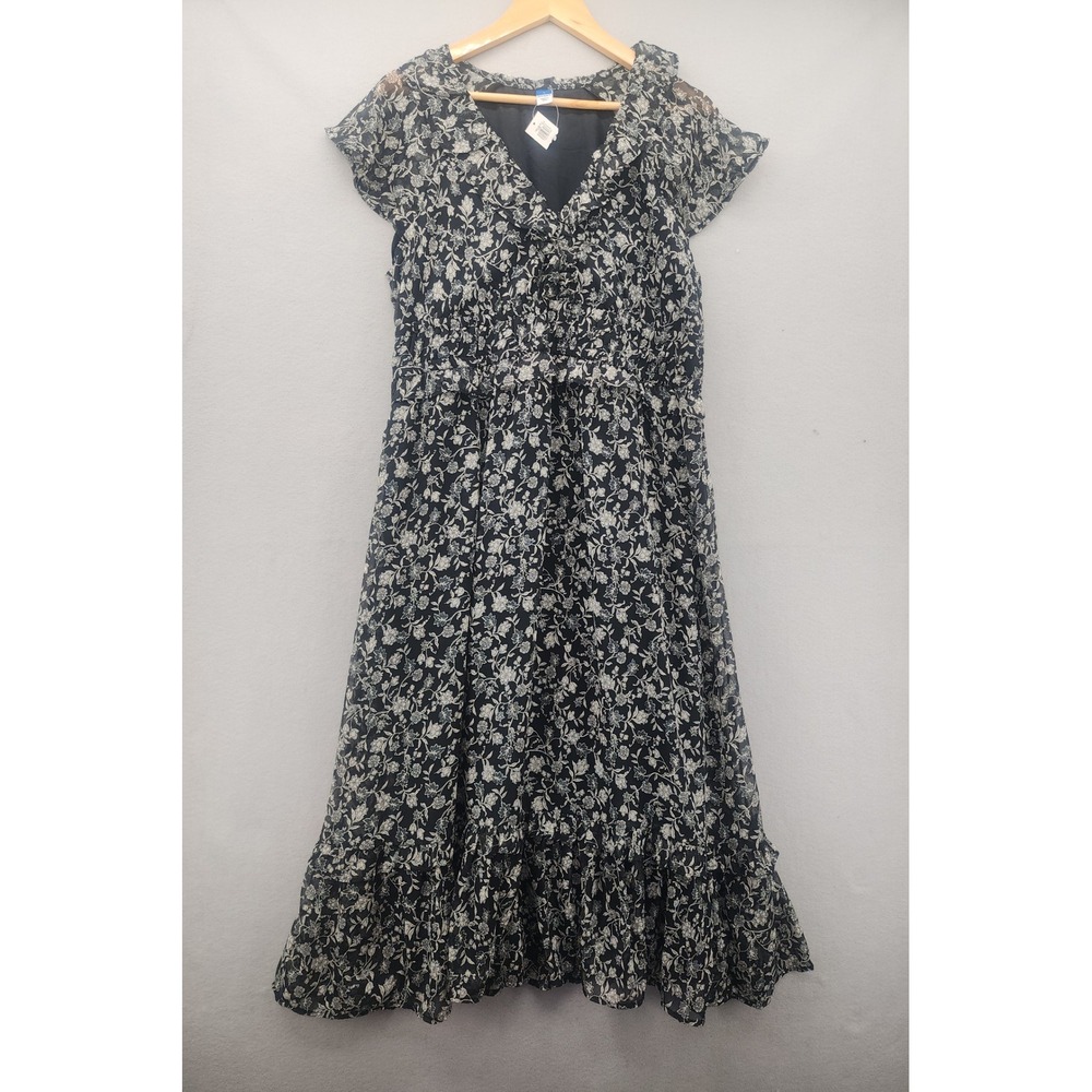 Old Navy Floral Ruffle Midi Dress Navy Blue White Boho Cottagecore L Large New